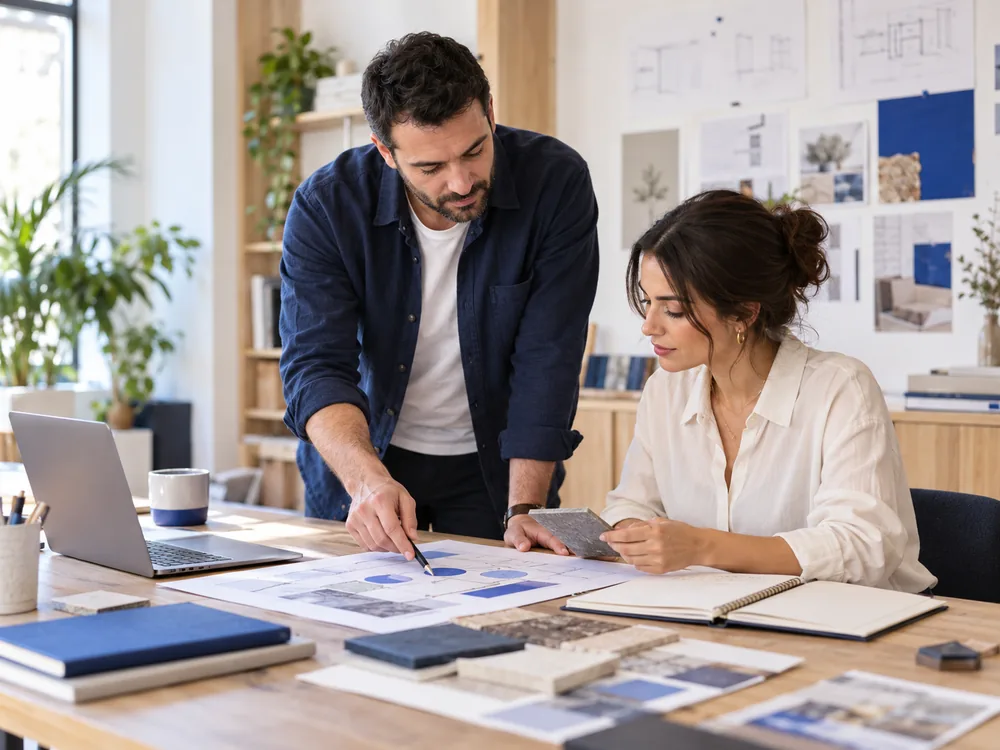 Two consultants reviewing documents together at a desk