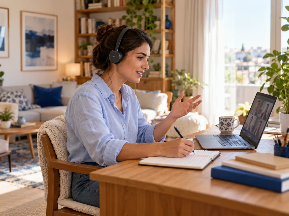 A person working from home, on an online call with a headset