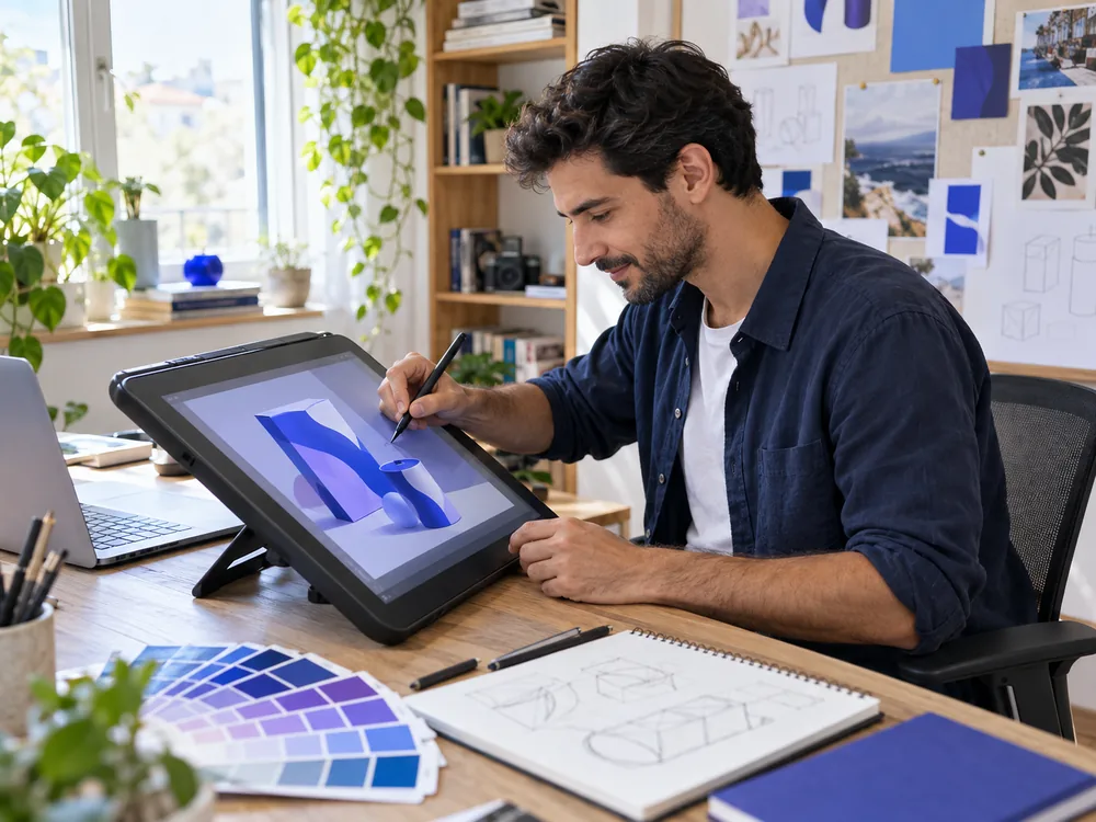 A freelance designer working on a digital drawing tablet